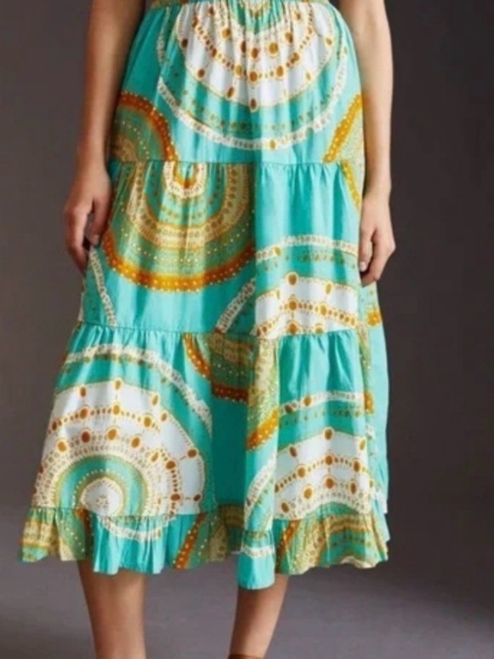 Anthropologie “porridge” Turquoise Floral Tiered Midi Skirt Large